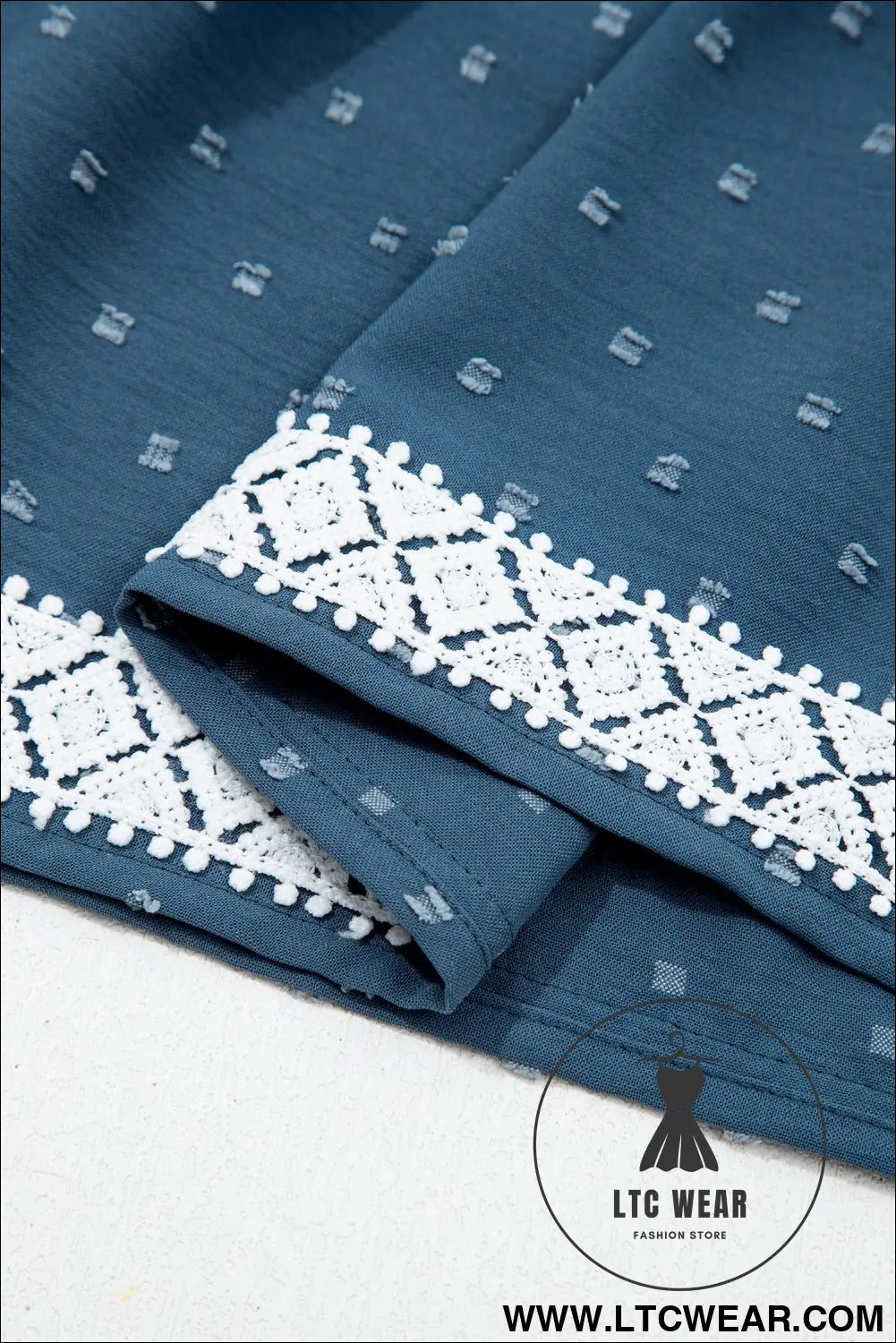 Dusk Blue Plus Size V Neck Swiss Dot Lace Patchwork Detail Flared Midi Dress - L.T.C Wear Online Fashion Store