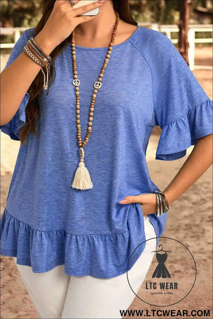 Dusk Blue Ruffle Hem Plus Size Flowy Blouse