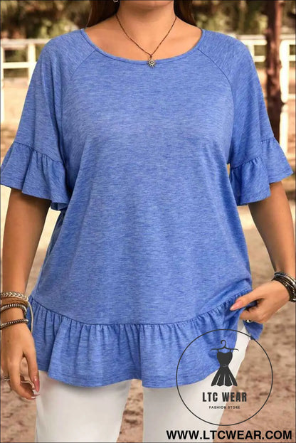 Dusk Blue Ruffle Hem Plus Size Flowy Blouse