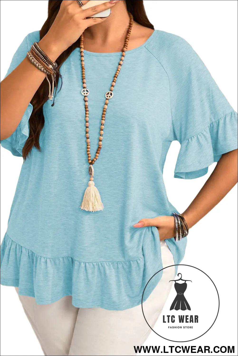 Dusk Blue Ruffle Hem Plus Size Flowy Blouse - L.T.C Wear Online Fashion Store