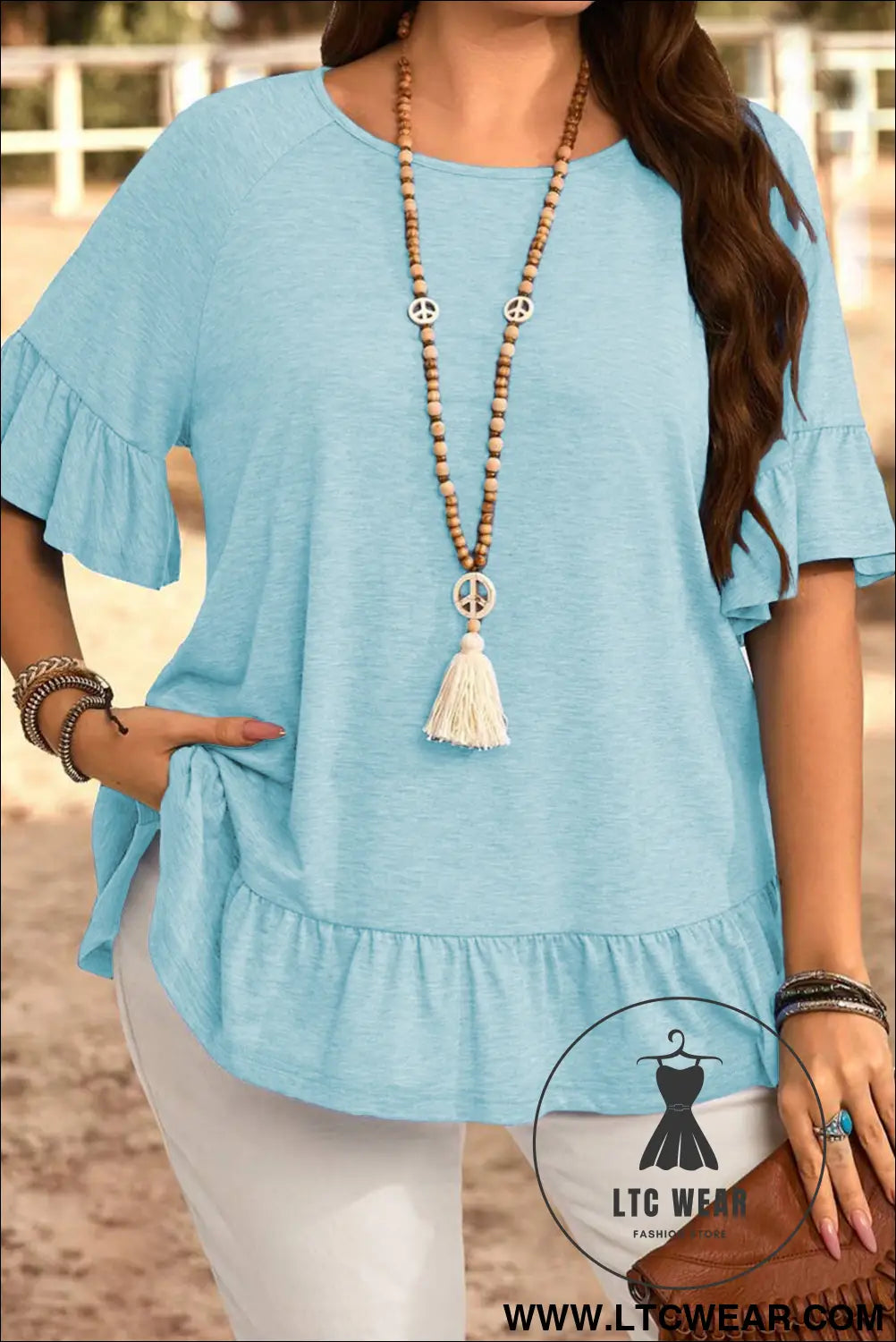 Dusk Blue Ruffle Hem Plus Size Flowy Blouse - L.T.C Wear Online Fashion Store