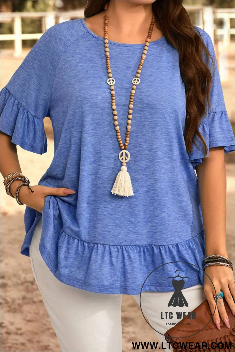 Dusk Blue Ruffle Hem Plus Size Flowy Blouse - L.T.C Wear Online Fashion Store
