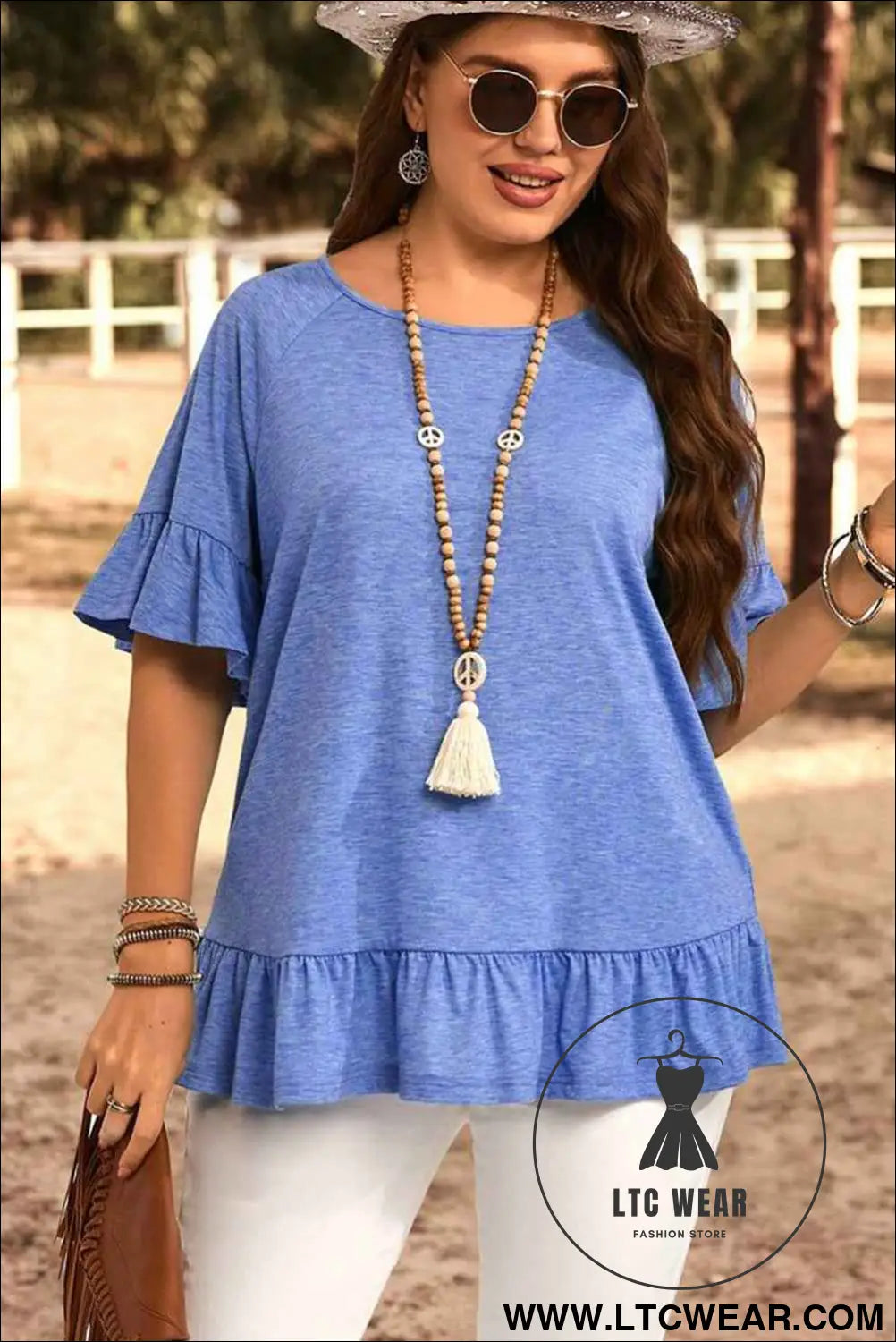 Dusk Blue Ruffle Hem Plus Size Flowy Blouse