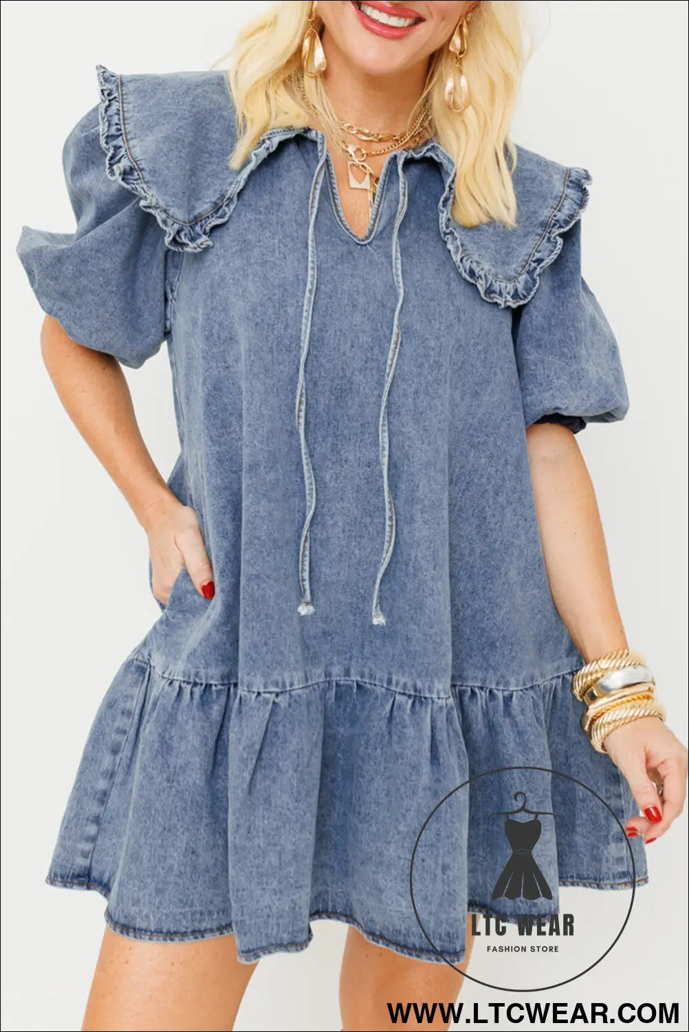Dusk Blue Ruffled Collared Side Pockets Puff Sleeve Denim Mini Dress - L.T.C Wear Online Fashion Store