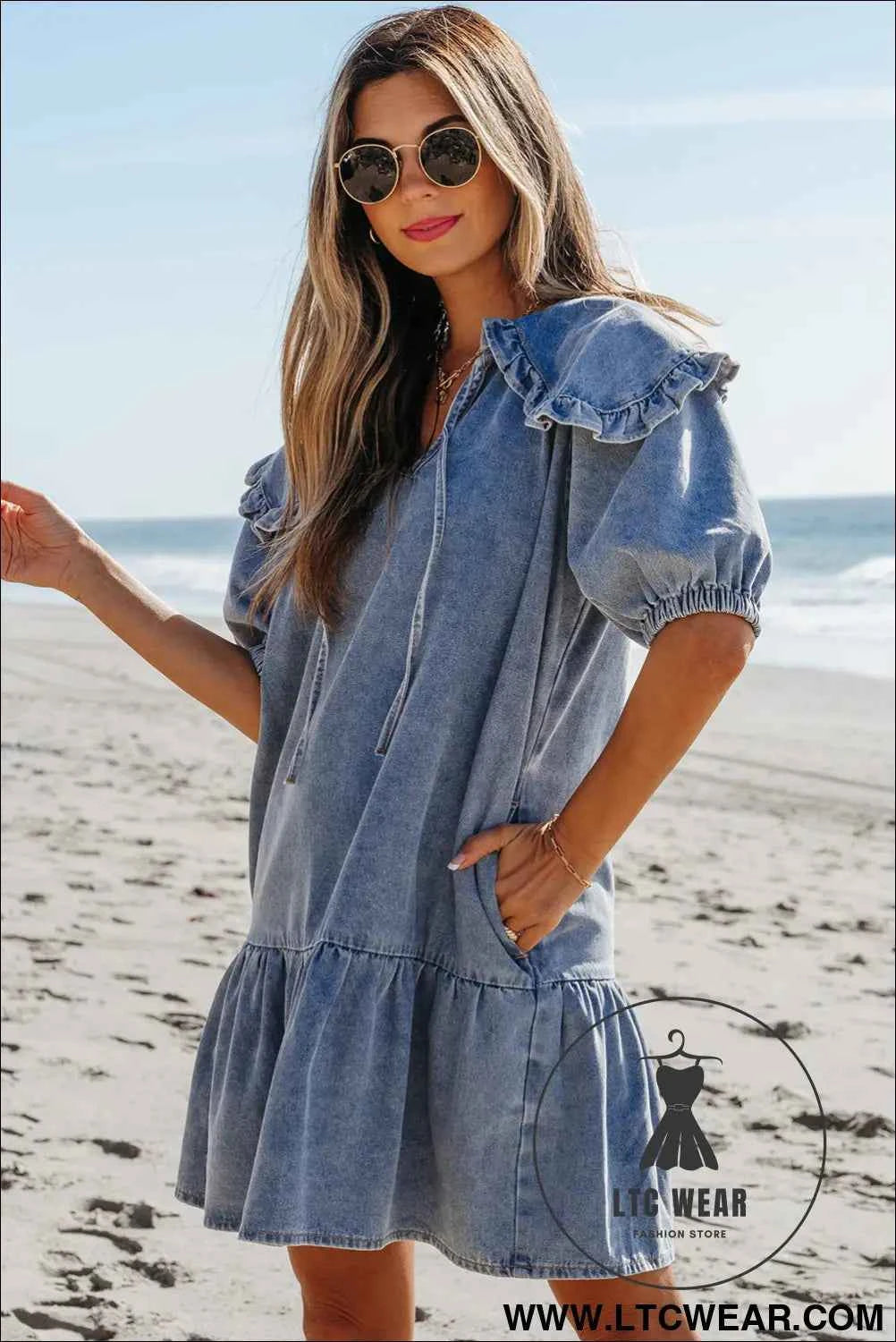 Dusk Blue Ruffled Collared Side Pockets Puff Sleeve Denim Mini Dress