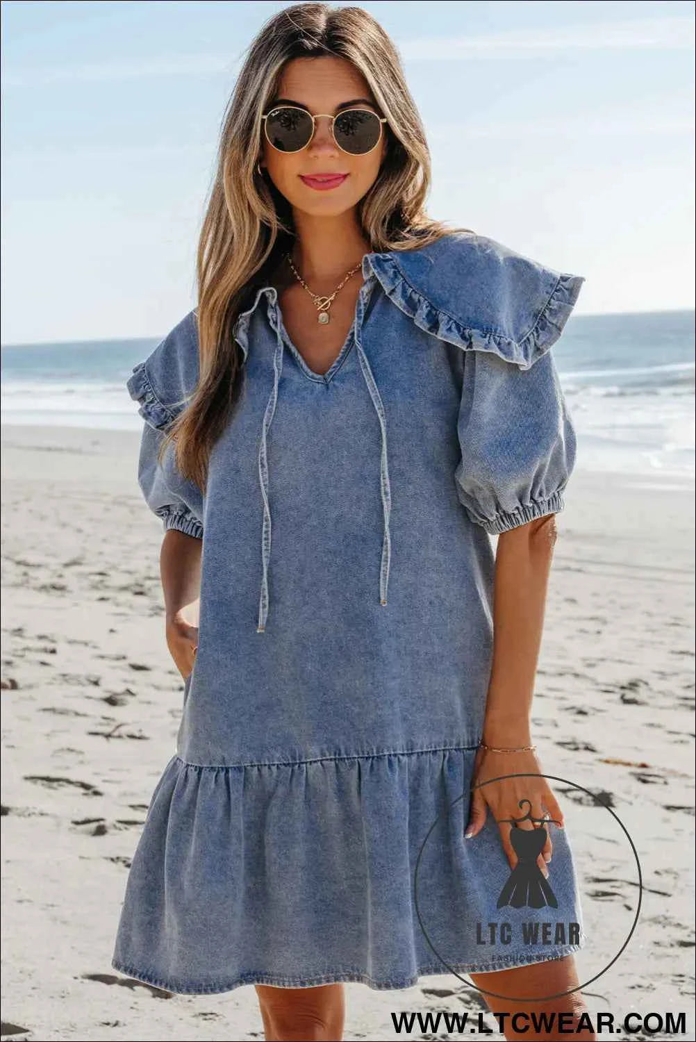 Dusk Blue Ruffled Collared Side Pockets Puff Sleeve Denim Mini Dress