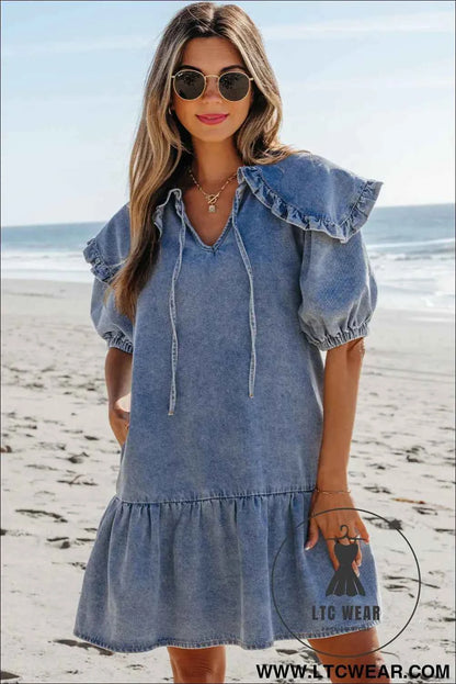 Dusk Blue Ruffled Collared Side Pockets Puff Sleeve Denim Mini Dress