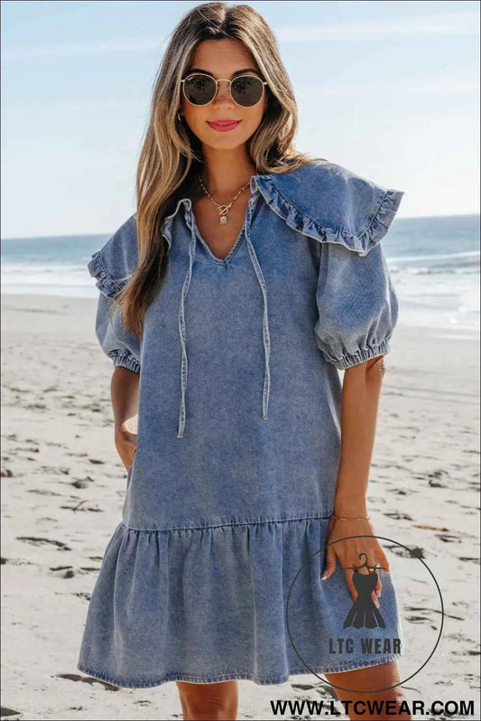 Dusk Blue Ruffled Collared Side Pockets Puff Sleeve Denim Mini Dress