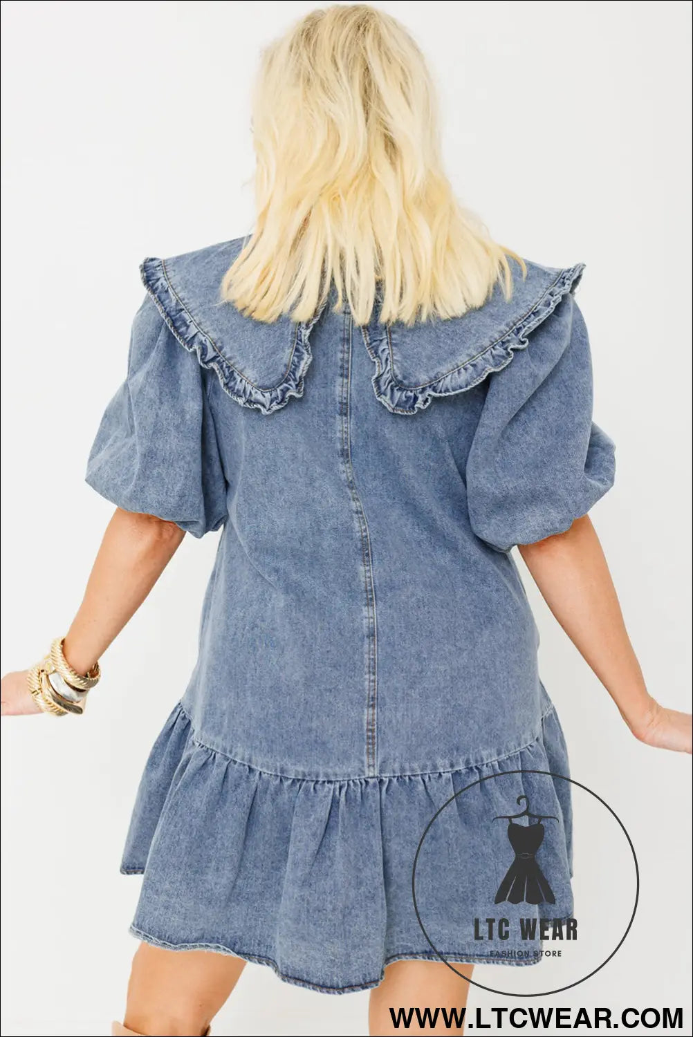 Dusk Blue Ruffled Collared Side Pockets Puff Sleeve Denim Mini Dress - L.T.C Wear Online Fashion Store