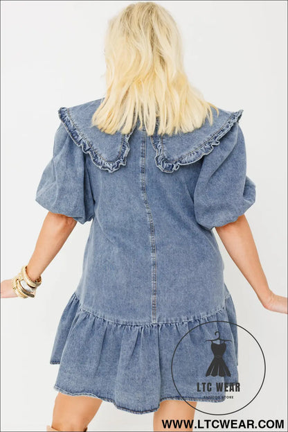 Dusk Blue Ruffled Collared Side Pockets Puff Sleeve Denim Mini Dress - L.T.C Wear Online Fashion Store