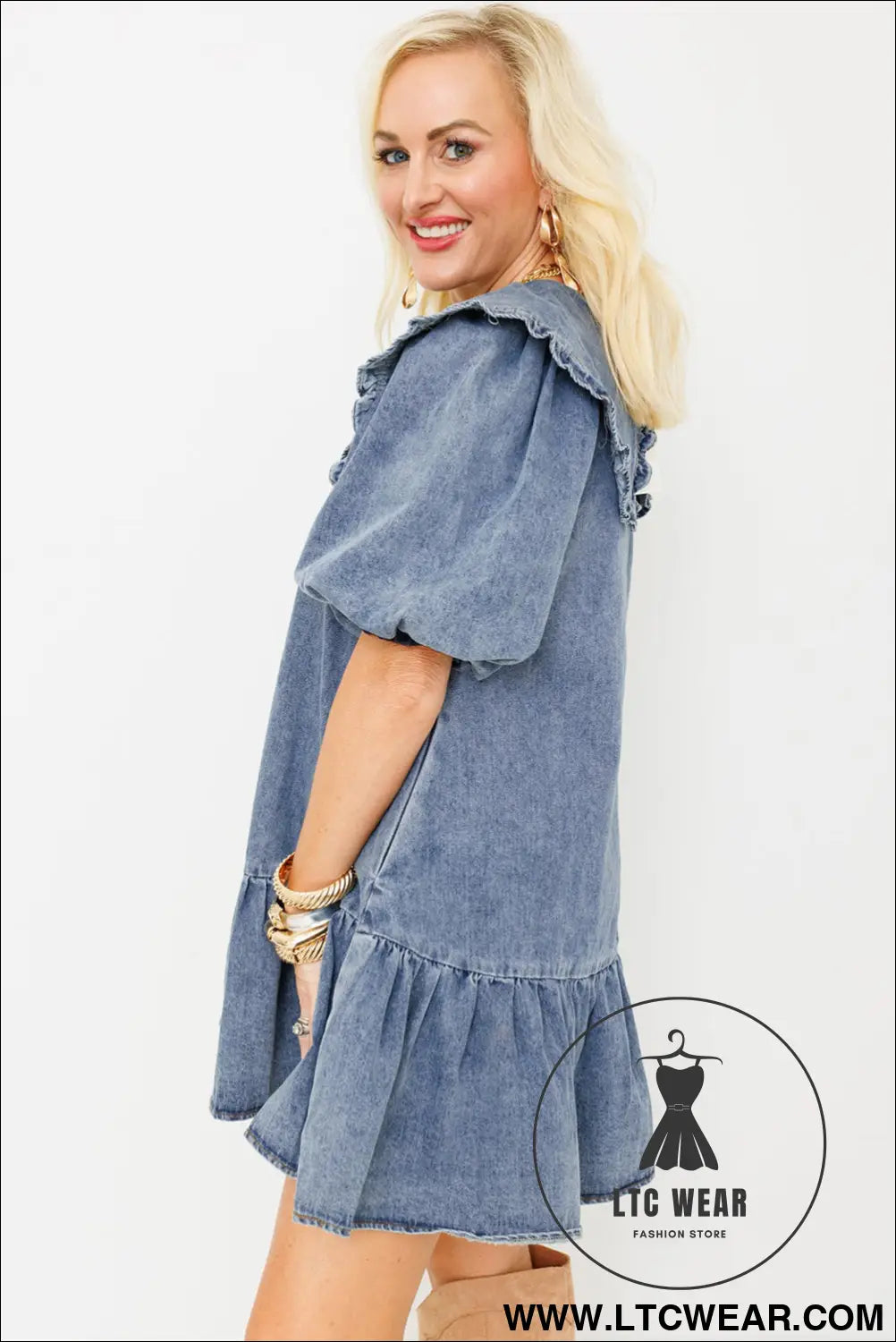 Dusk Blue Ruffled Collared Side Pockets Puff Sleeve Denim Mini Dress - L.T.C Wear Online Fashion Store