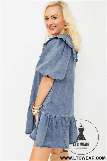 Dusk Blue Ruffled Collared Side Pockets Puff Sleeve Denim Mini Dress - L.T.C Wear Online Fashion Store
