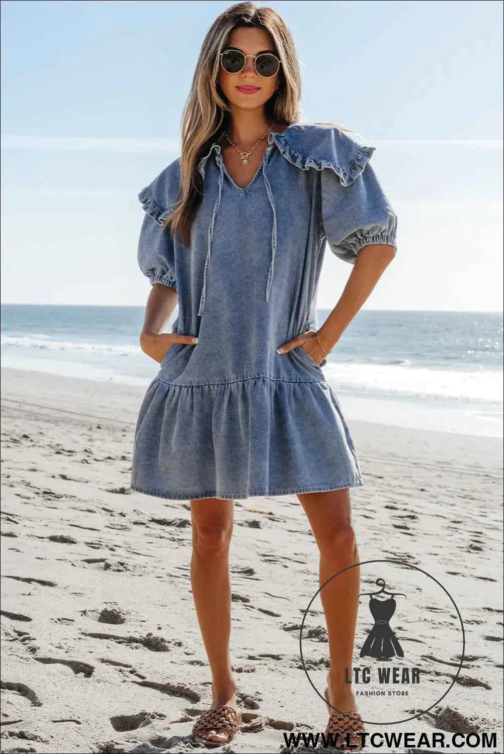 Dusk Blue Ruffled Collared Side Pockets Puff Sleeve Denim Mini Dress