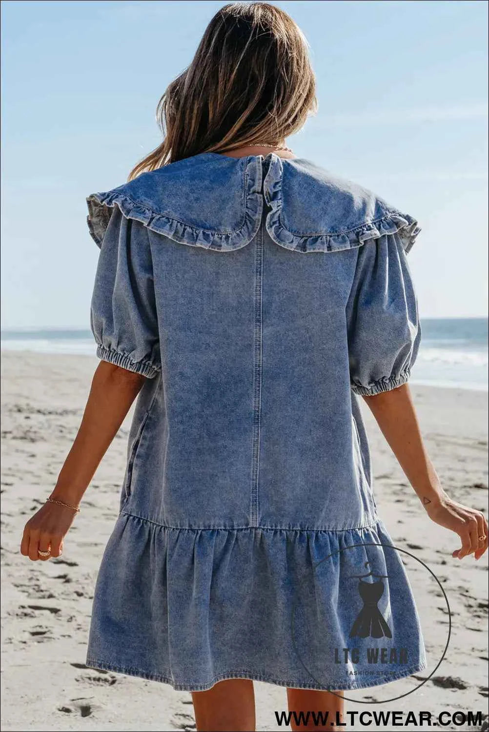 Dusk Blue Ruffled Collared Side Pockets Puff Sleeve Denim Mini Dress