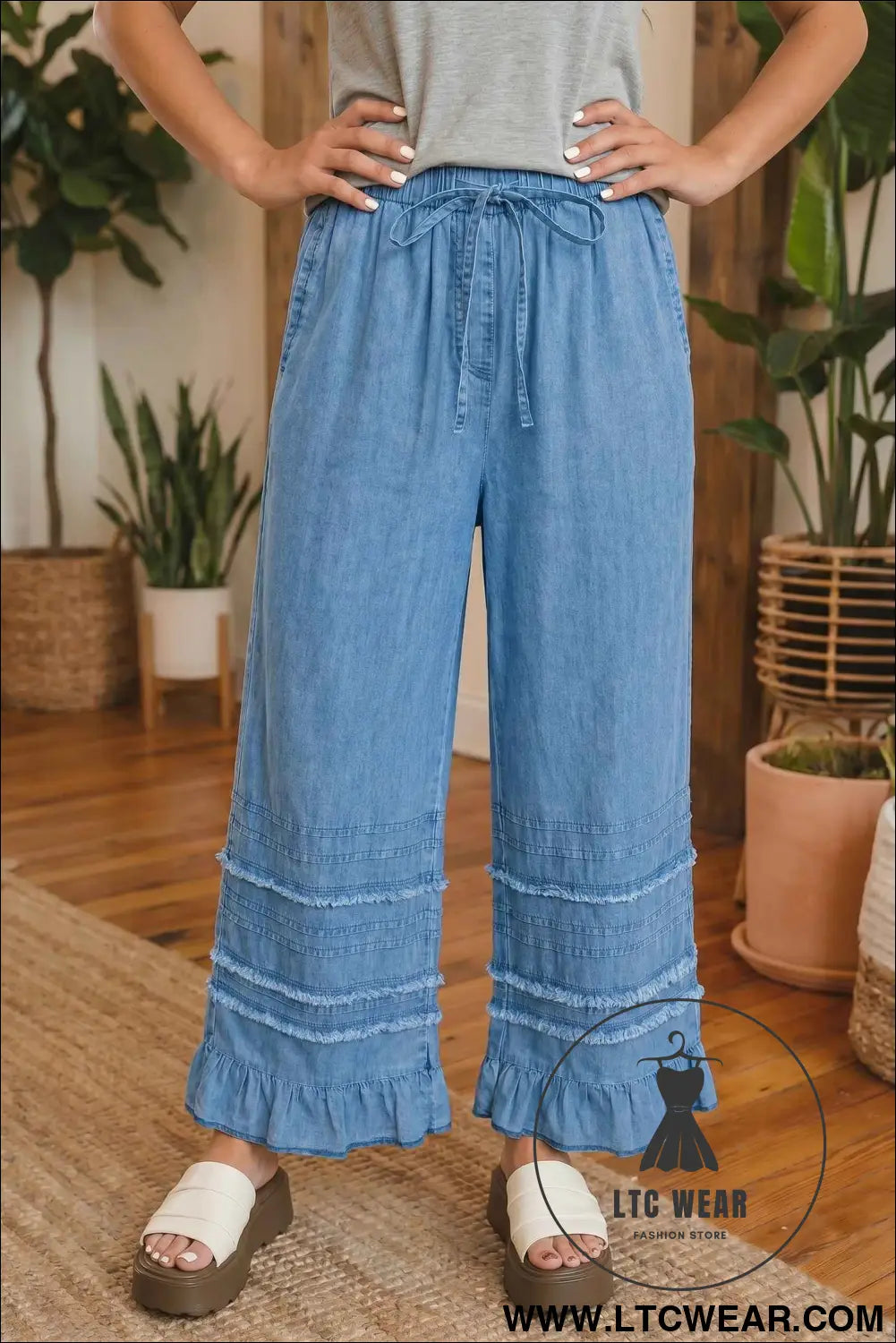Dusk Blue Ruffled Hem Wide Leg Chambray Pants