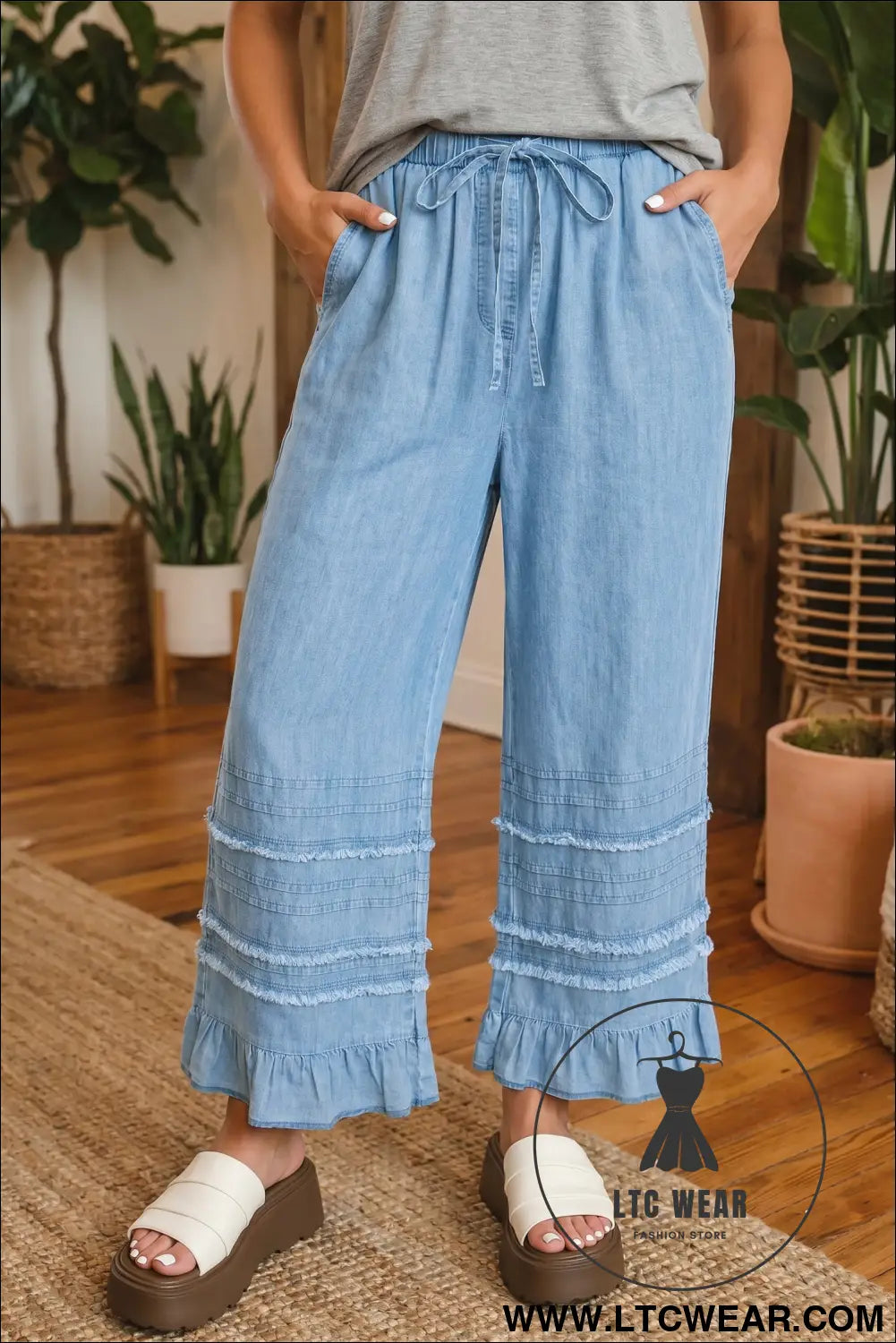 Dusk Blue Ruffled Hem Wide Leg Chambray Pants - L.T.C Wear Online Fashion Store