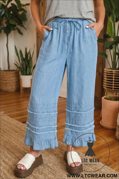 Dusk Blue Ruffled Hem Wide Leg Chambray Pants - L.T.C Wear Online Fashion Store