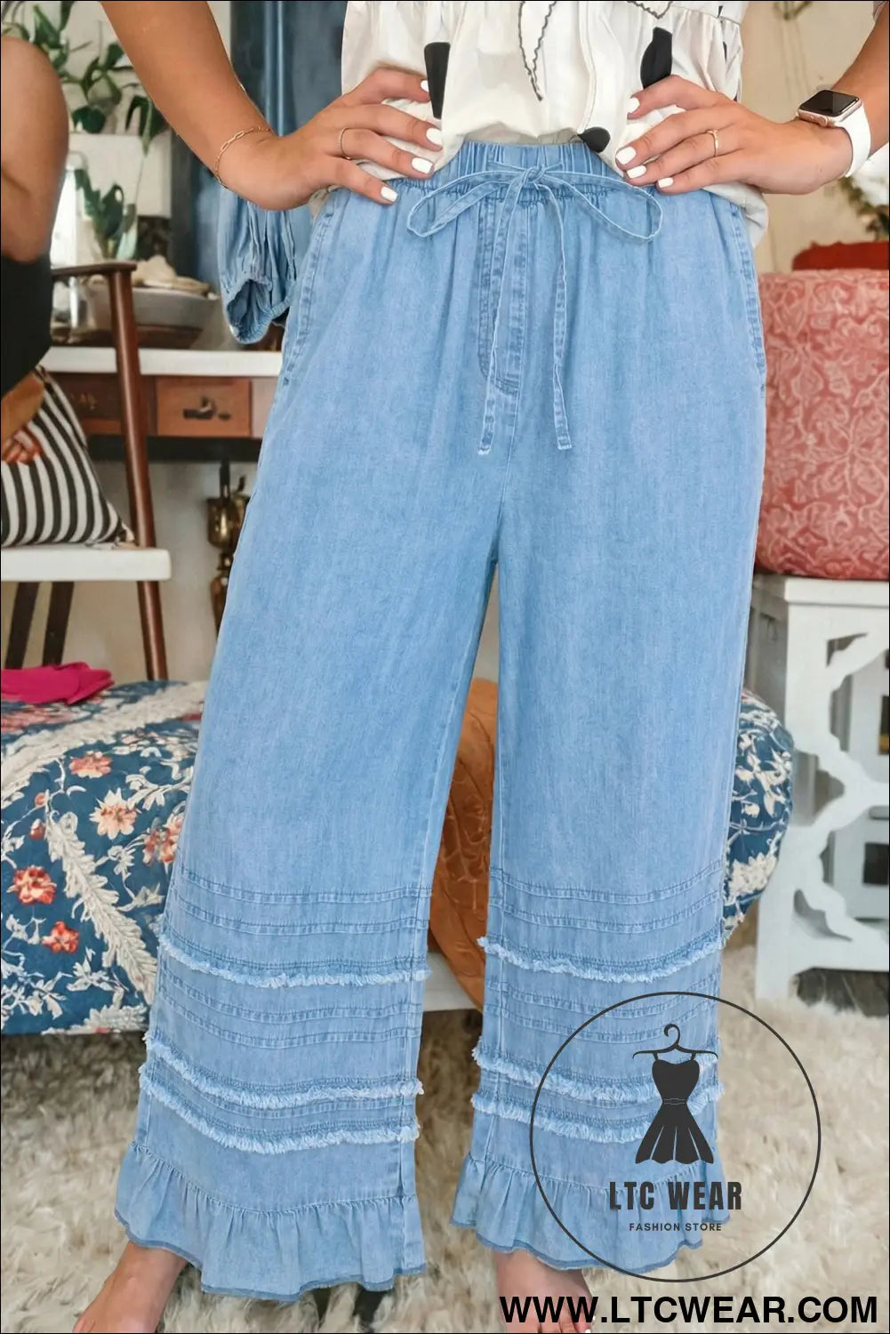 Dusk Blue Ruffled Hem Wide Leg Chambray Pants - L.T.C Wear Online Fashion Store