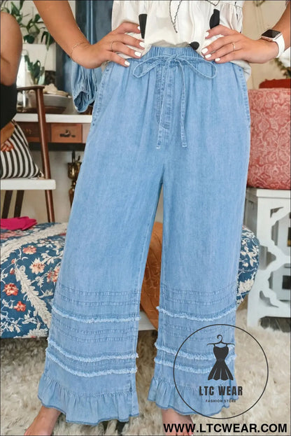 Dusk Blue Ruffled Hem Wide Leg Chambray Pants - L.T.C Wear Online Fashion Store