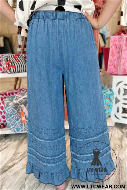 Dusk Blue Ruffled Hem Wide Leg Chambray Pants