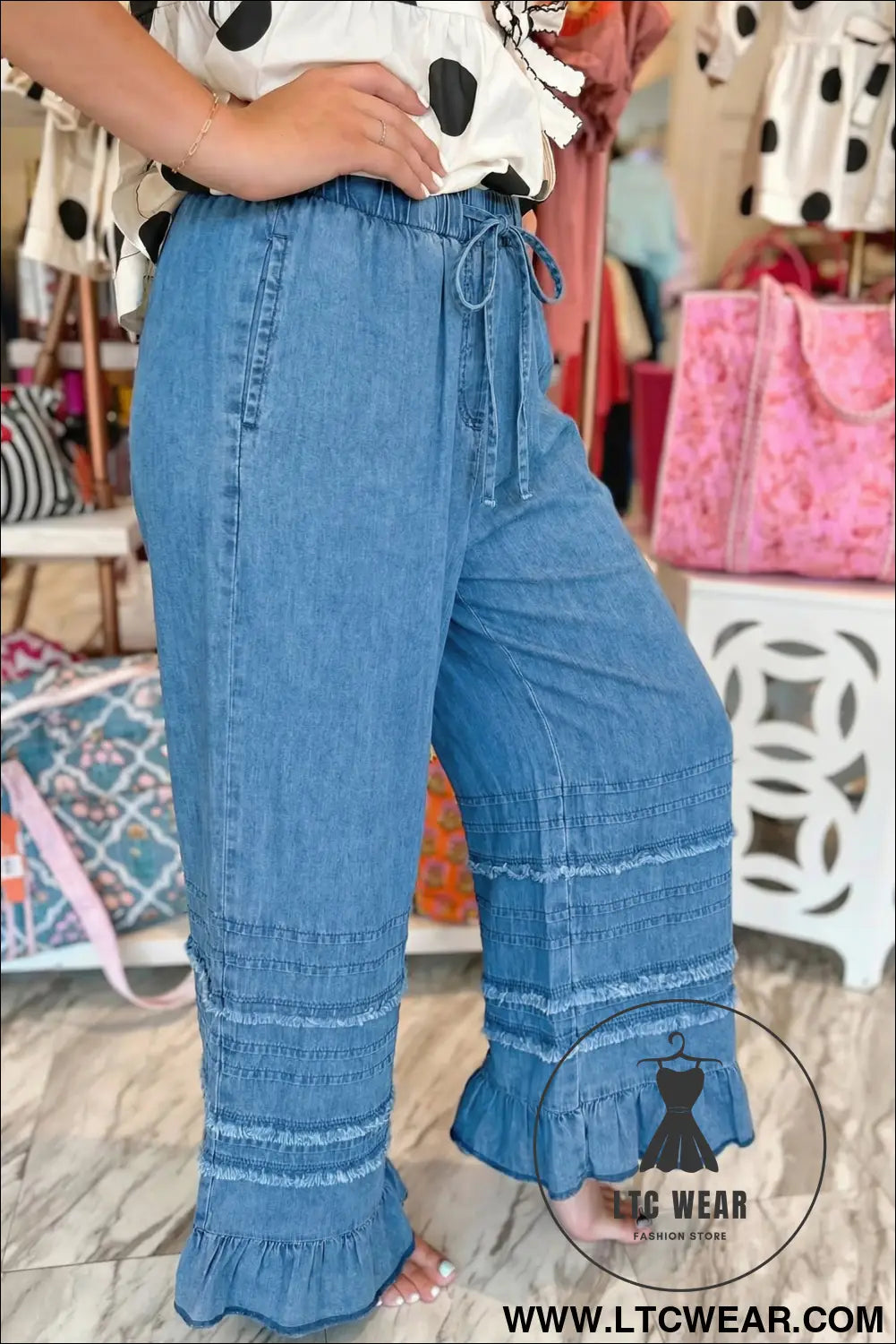 Dusk Blue Ruffled Hem Wide Leg Chambray Pants - L.T.C Wear Online Fashion Store