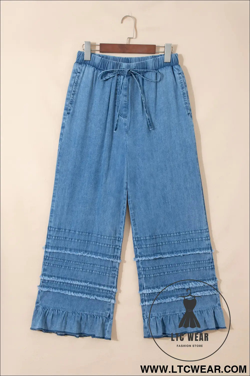 Dusk Blue Ruffled Hem Wide Leg Chambray Pants - L.T.C Wear Online Fashion Store