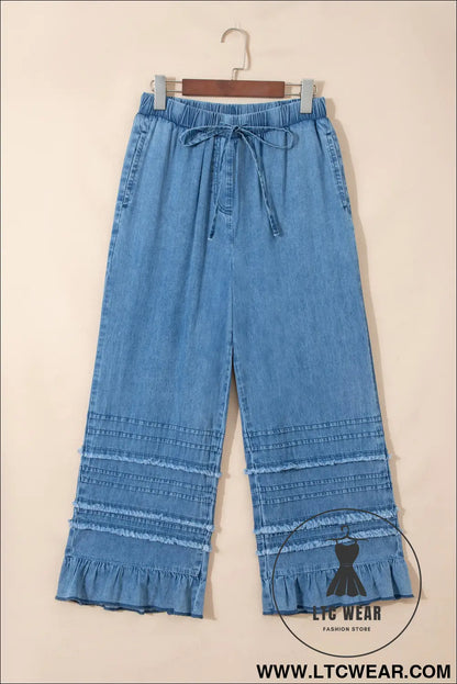 Dusk Blue Ruffled Hem Wide Leg Chambray Pants - L.T.C Wear Online Fashion Store