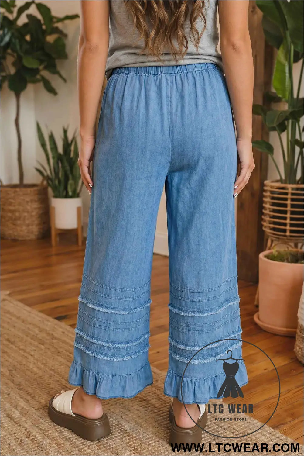Dusk Blue Ruffled Hem Wide Leg Chambray Pants