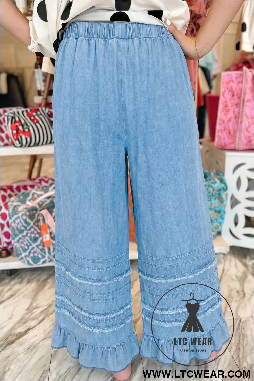 Dusk Blue Ruffled Hem Wide Leg Chambray Pants - L.T.C Wear Online Fashion Store