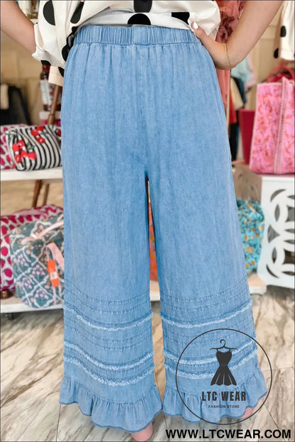 Dusk Blue Ruffled Hem Wide Leg Chambray Pants - L.T.C Wear Online Fashion Store