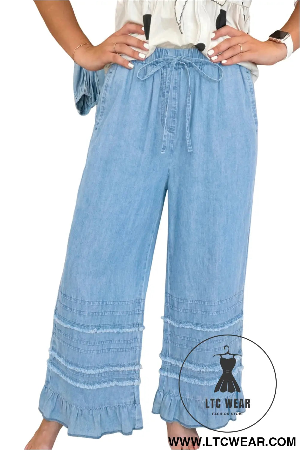 Dusk Blue Ruffled Hem Wide Leg Chambray Pants - L.T.C Wear Online Fashion Store