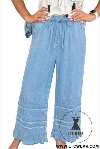 Dusk Blue Ruffled Hem Wide Leg Chambray Pants - L.T.C Wear Online Fashion Store