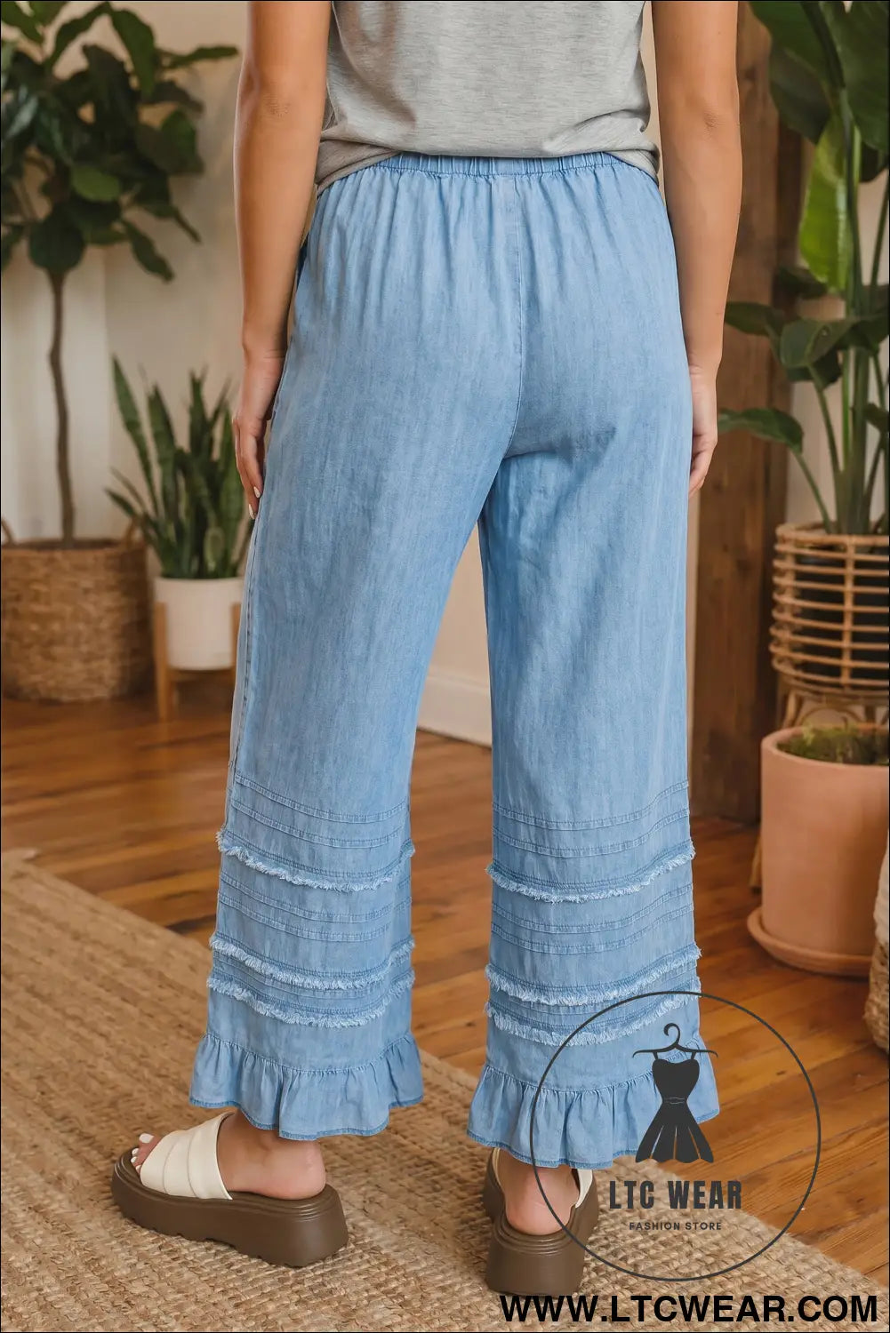 Dusk Blue Ruffled Hem Wide Leg Chambray Pants - L.T.C Wear Online Fashion Store