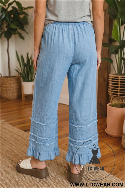 Dusk Blue Ruffled Hem Wide Leg Chambray Pants - L.T.C Wear Online Fashion Store