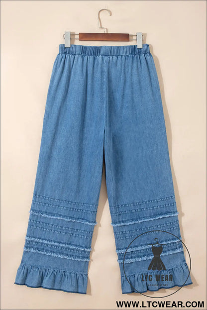 Dusk Blue Ruffled Hem Wide Leg Chambray Pants - L.T.C Wear Online Fashion Store
