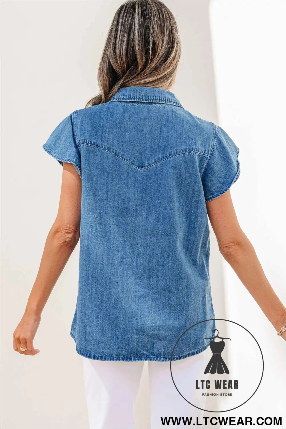 Dusk Blue Ruffled Short Sleeve Denim Shirt