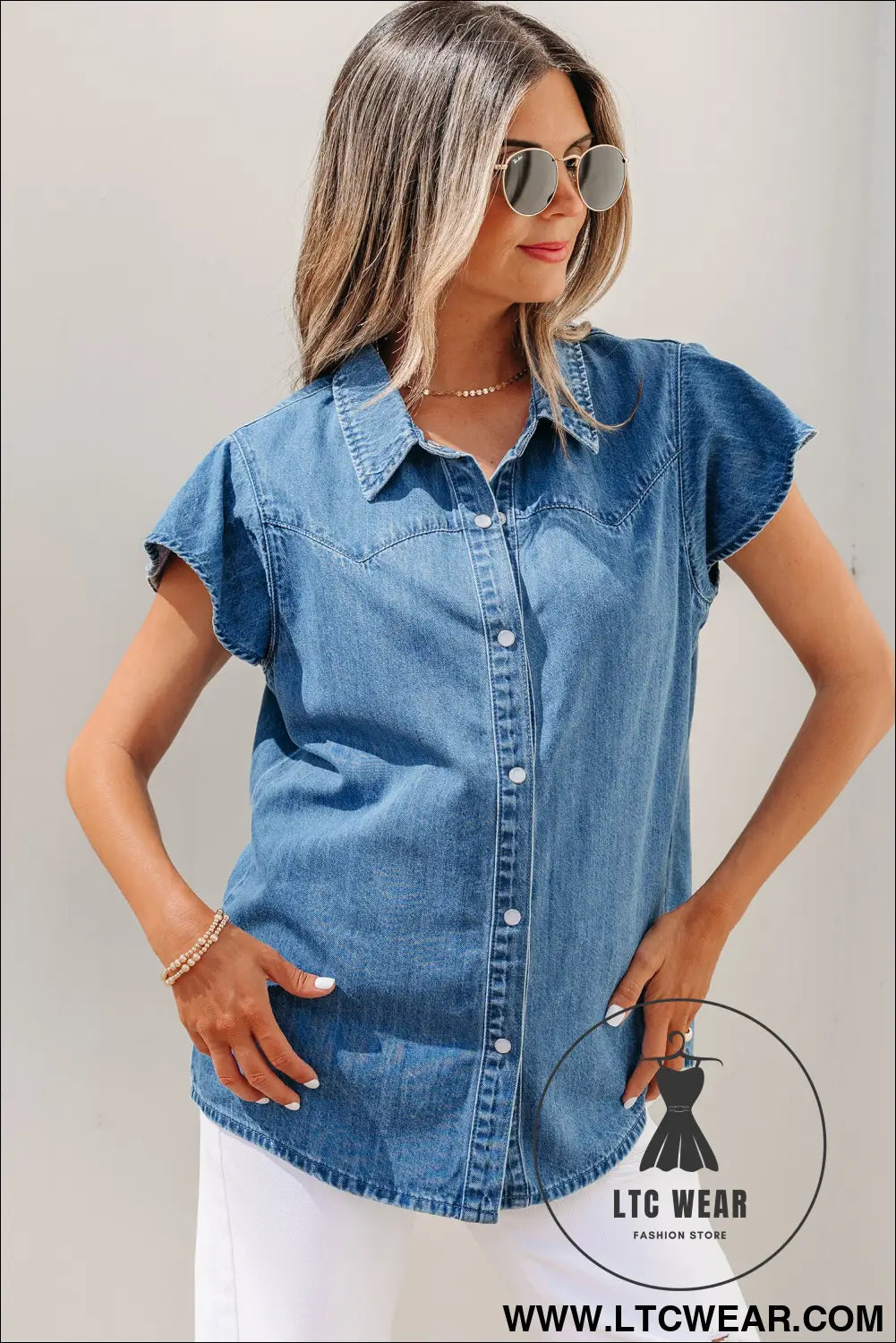 Dusk Blue Ruffled Short Sleeve Denim Shirt - L.T.C Wear Online Fashion Store