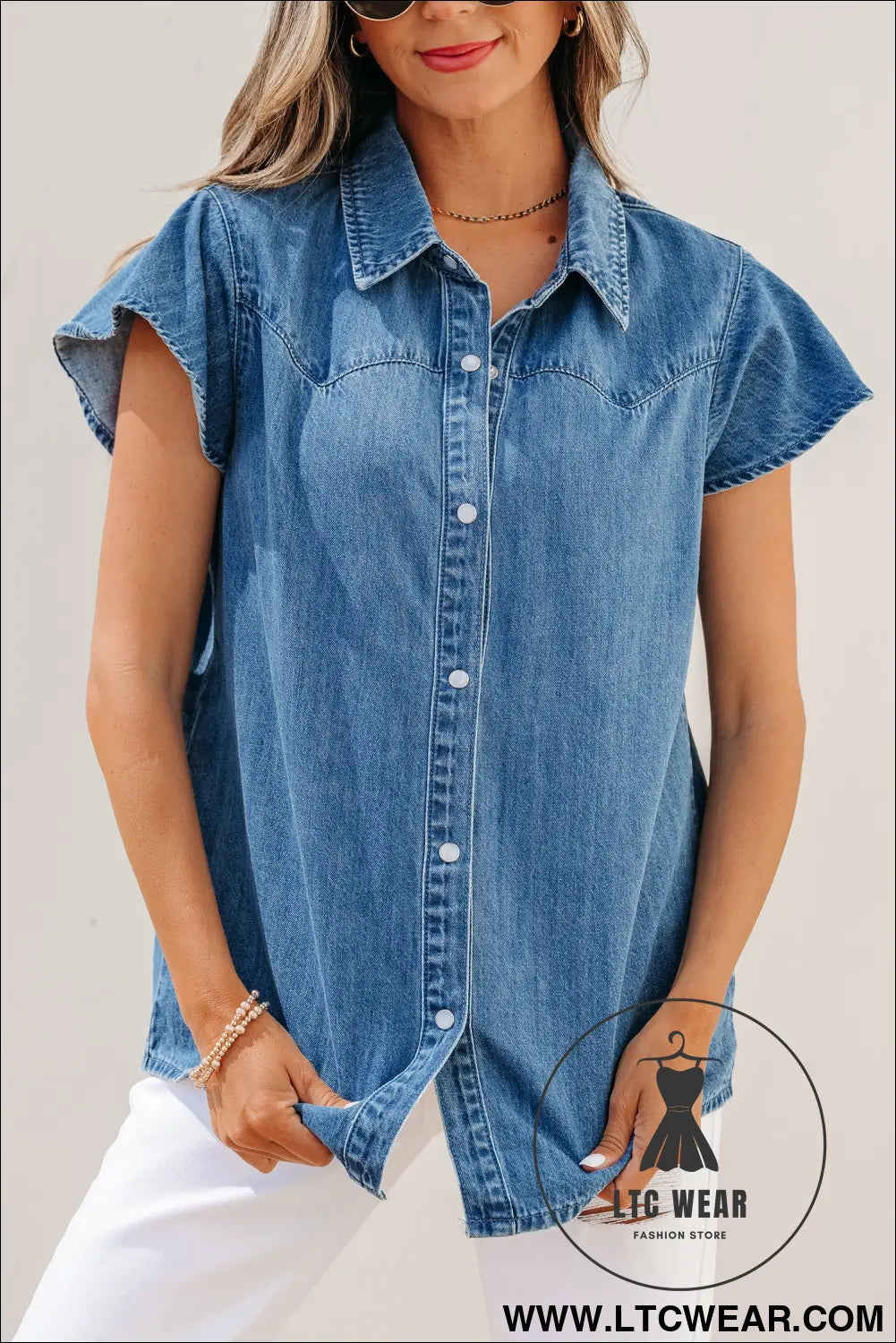 Dusk Blue Ruffled Short Sleeve Denim Shirt - L.T.C Wear Online Fashion Store