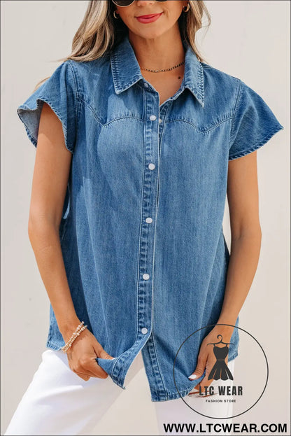Dusk Blue Ruffled Short Sleeve Denim Shirt - L.T.C Wear Online Fashion Store