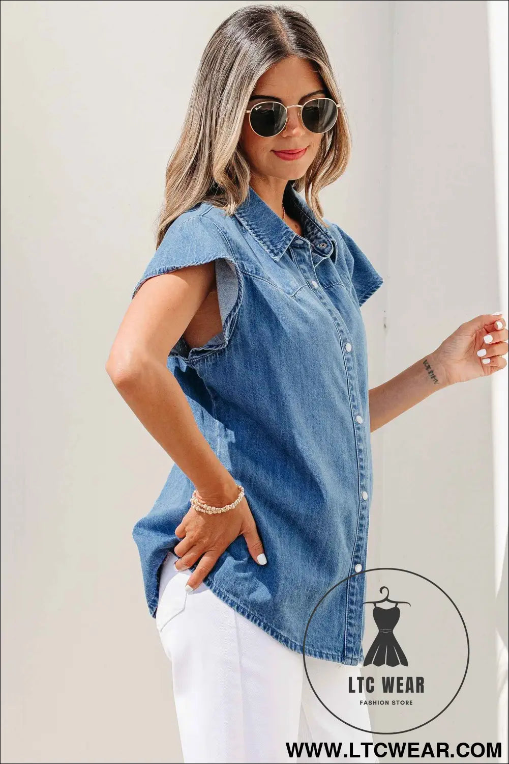 Dusk Blue Ruffled Short Sleeve Denim Shirt