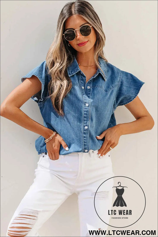 Dusk Blue Ruffled Short Sleeve Denim Shirt