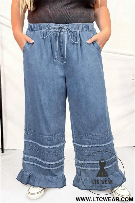 Dusk Blue Tiered Raw Edge Ruffled Plus Size Wide Leg Denim Pants