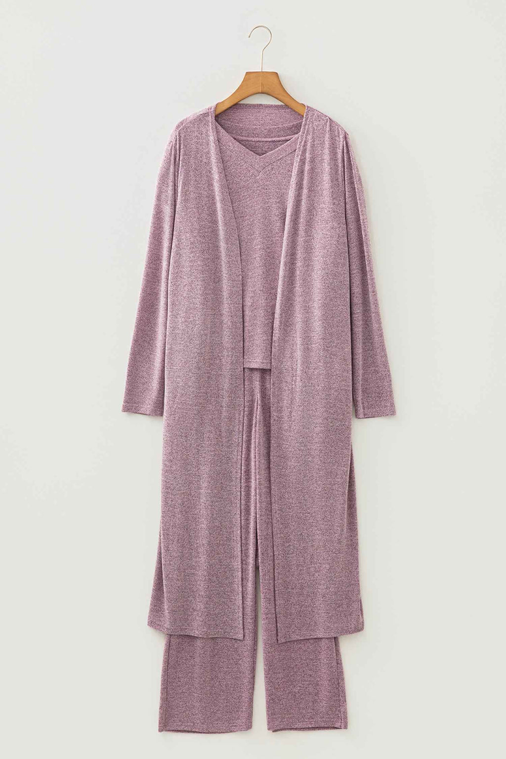 Delicacy 3pcs V Neck T Shirt Ribbon Knot Pants Open Duster 3pcs Lounge Set