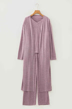 Delicacy 3pcs V Neck T Shirt Ribbon Knot Pants Open Duster 3pcs Lounge Set