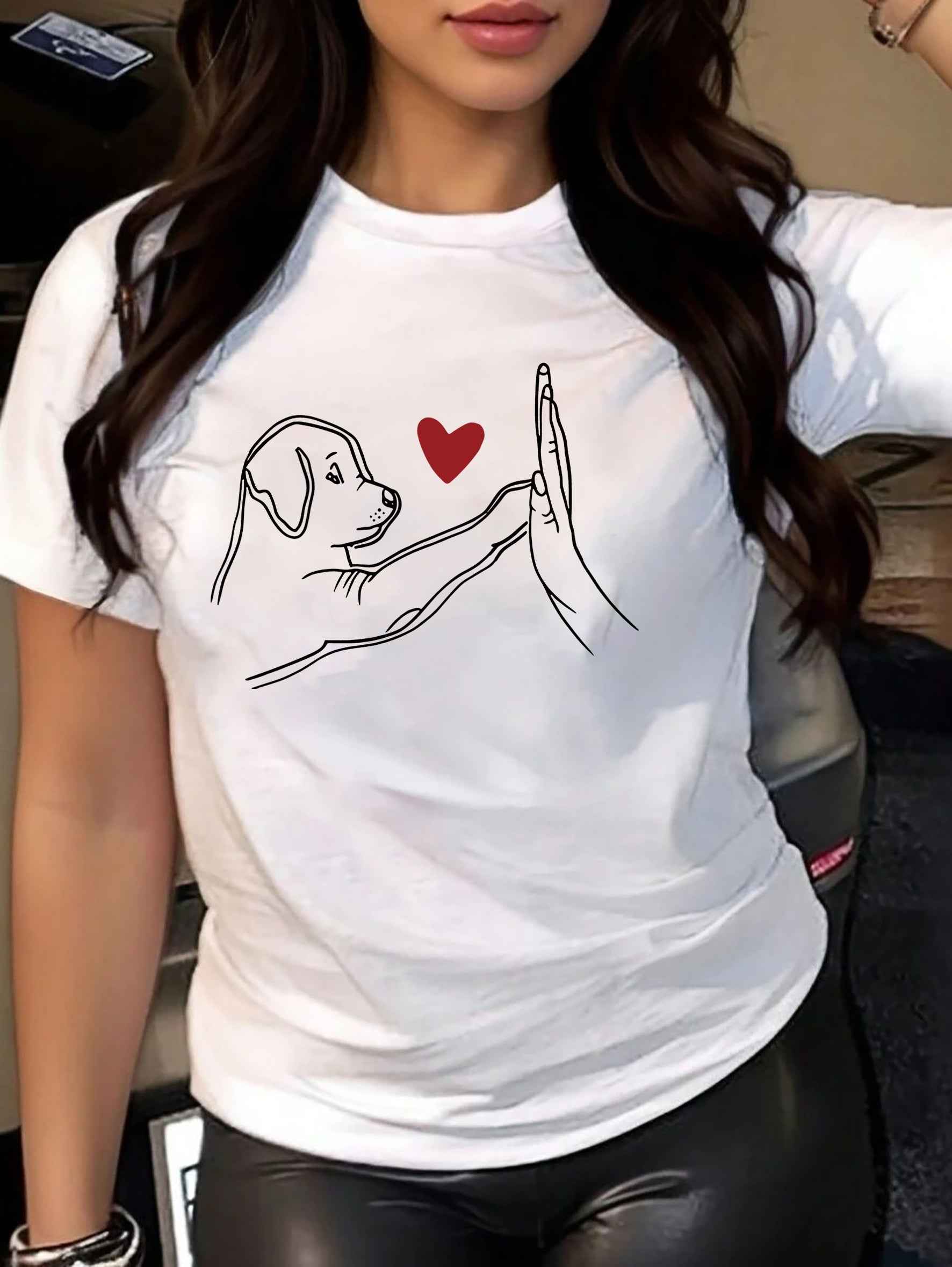 Womens Dog Heart Print Casual Short Sleeve Tee