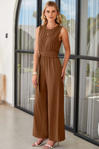 Clay Buckle Sash Detail Sleeveless Loose Jumpsuit