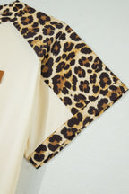 Beige Plus Size Leopard Contrast Patchwork Polo Tee