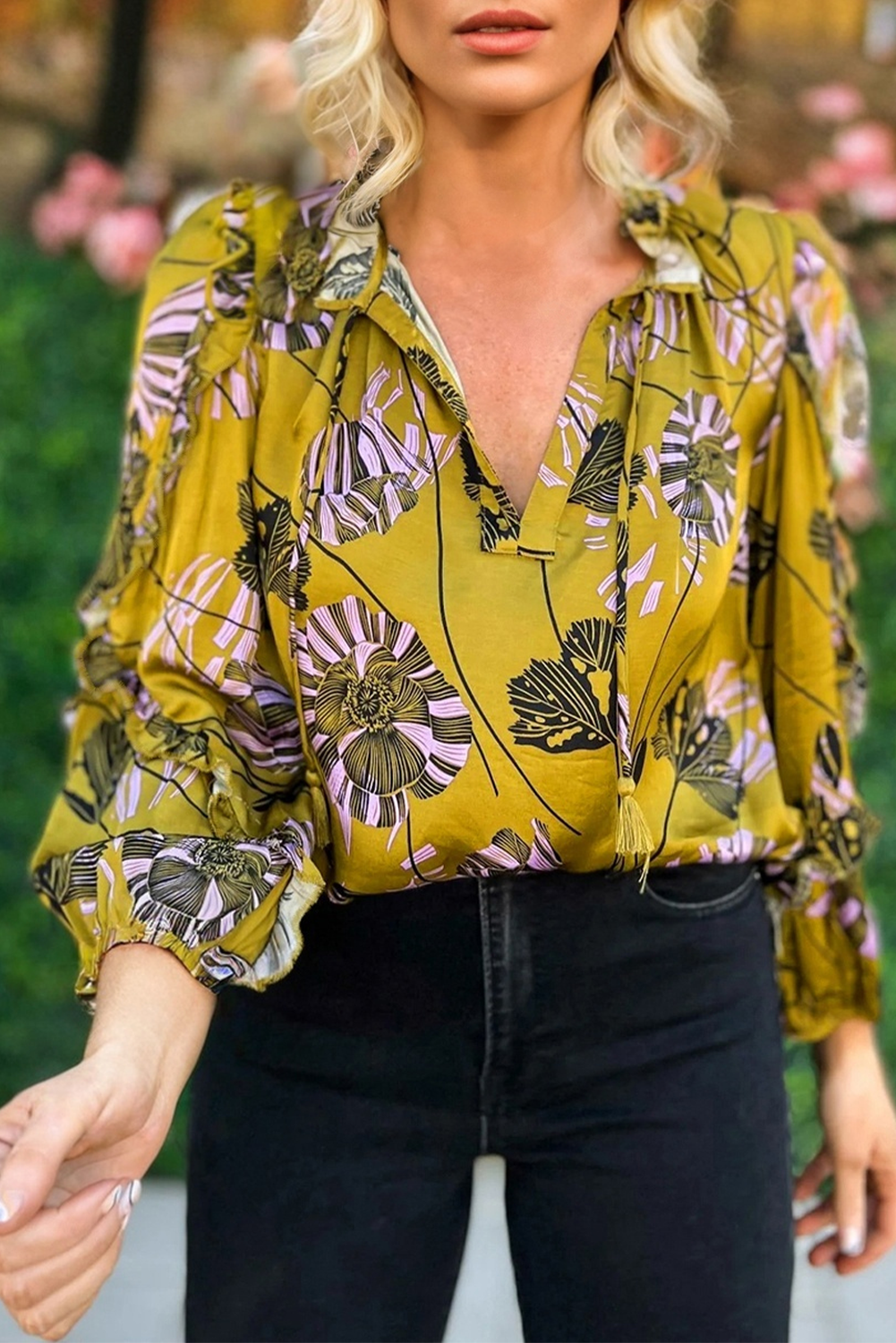 Yellow Vintage Floral V Neck Ruffle Trim Long Sleeve Blouse