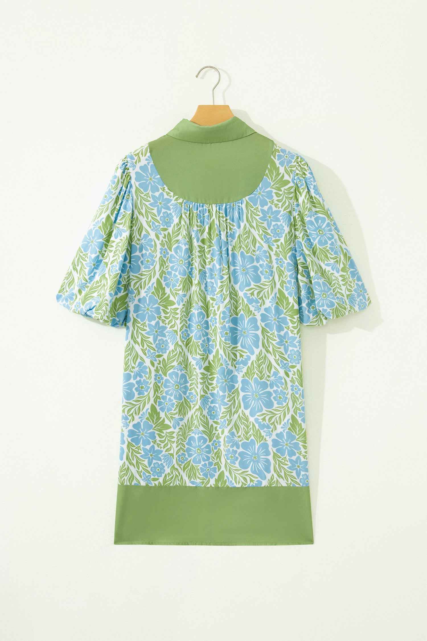 Sky Blue Floral Print Color Block Patchwork Shirt Collar Half Sleeve Mini Dress