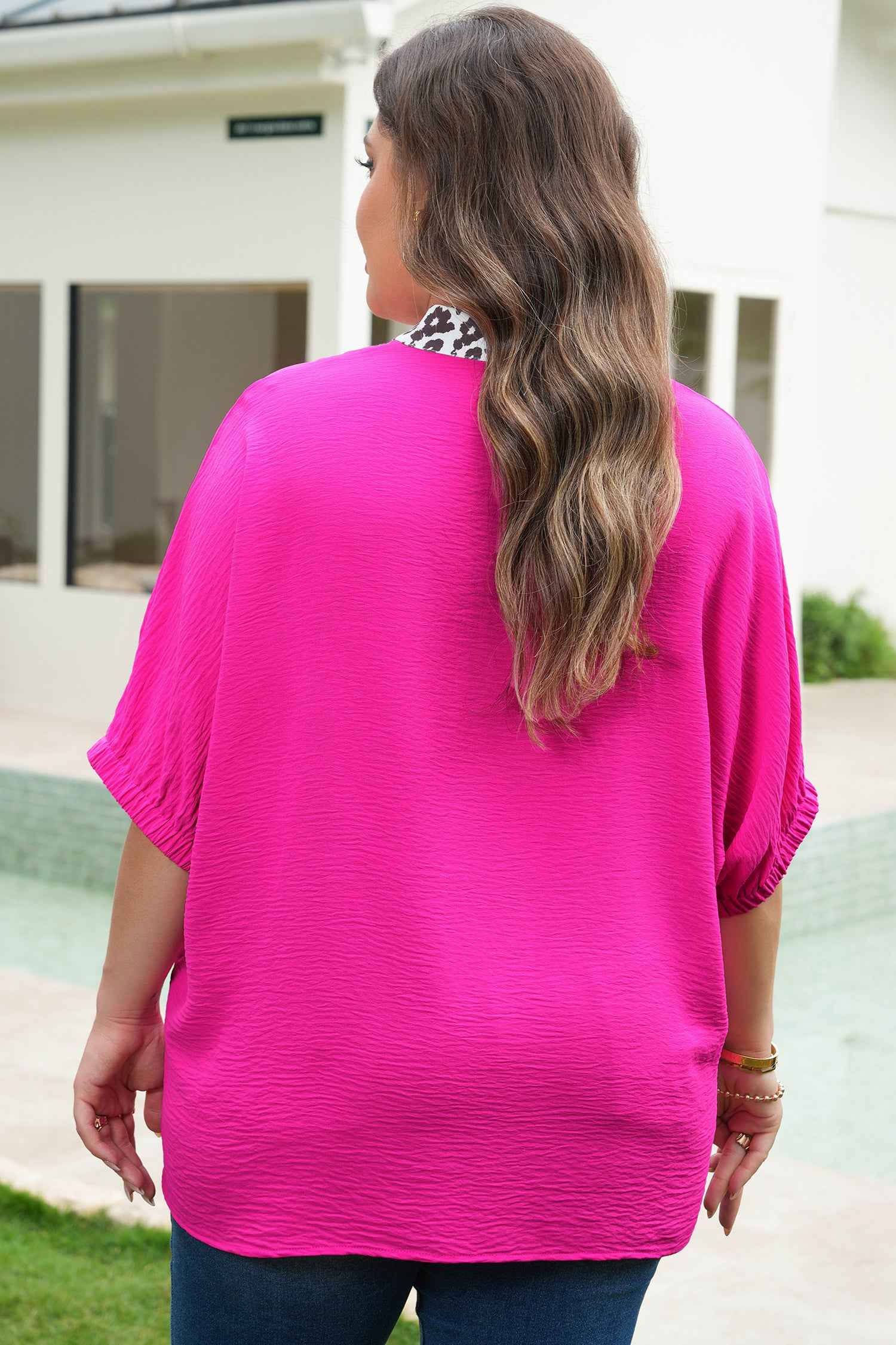 Rose Red Leopard Accent Notched Neck Plus Size Short Sleeve Top